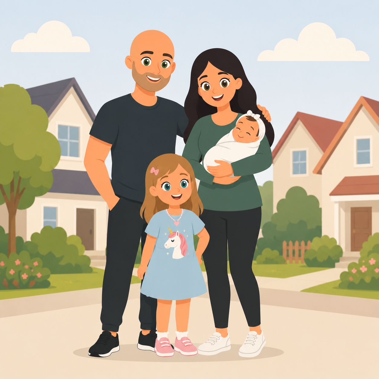 Symbolische Illustration einer Familie mit Eltern, älterer Tochter und Neugeborenem